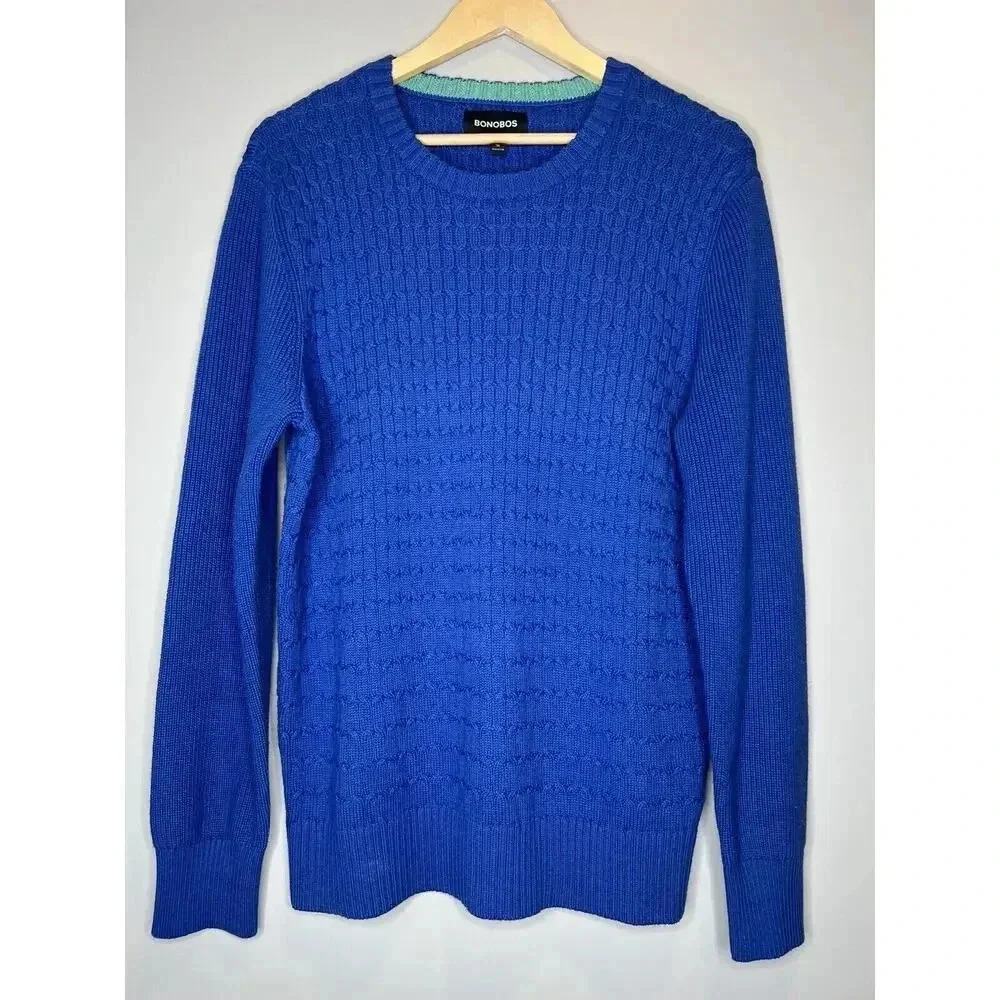 Bonobos Mens Sz Medium Crew Neck Pullover Chunky Cable Knit Sweater Blue Green